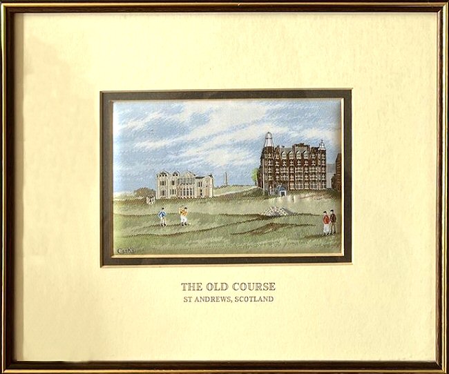 J & J Cash woven picture with image of the clubhouse of the Old Course at St. Andrews Golf Course, Scotland