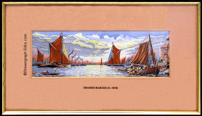 J & J Cash woven picture with title words of Thames Barges (c. 1870)