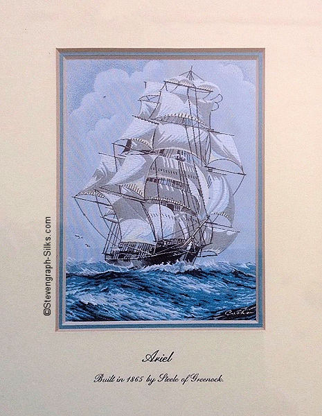 J & J Cash woven picture of a sailing cutter, titled Ariel