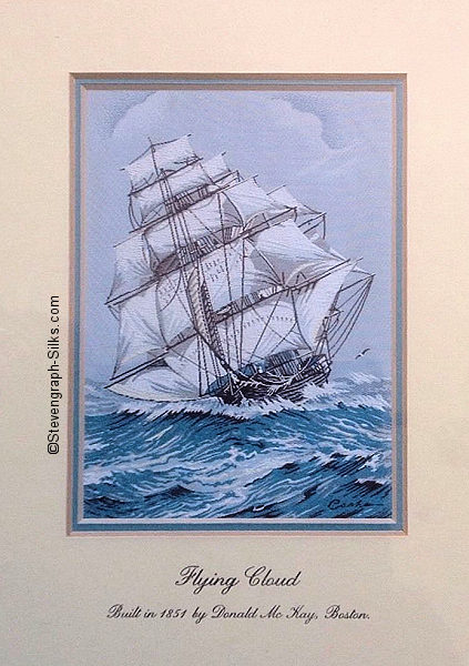 J & J Cash woven picture of a sailing cutter, titled Flying Cloud