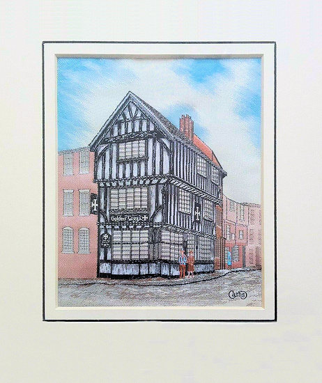 J & J Cash woven scenic picture of an old world timber framed building