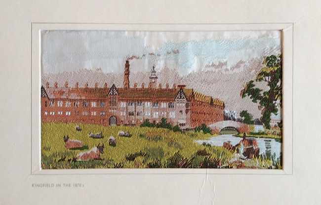 J & J Cash woven picture of their own mill at Kingfield, in the 1870's