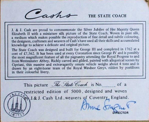 back label of this J & J Cash woven picture of The State Coach