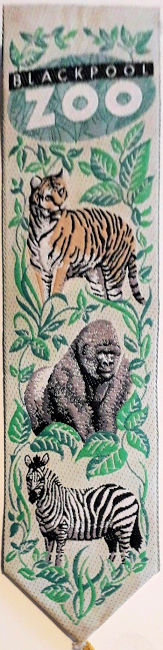 bookmark with Blackpool Zoo title words, and images of a tiger, gorilla and zebra