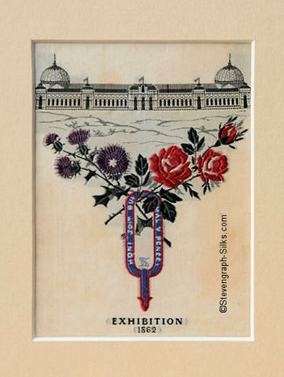 silk panel with image of the 1862 International Exhibition buildings, with Scottish thistle and English rose