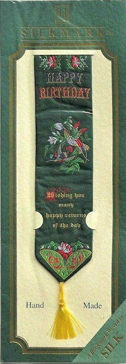 woven bookmark with Happy Birthday words, and image of an humming bird