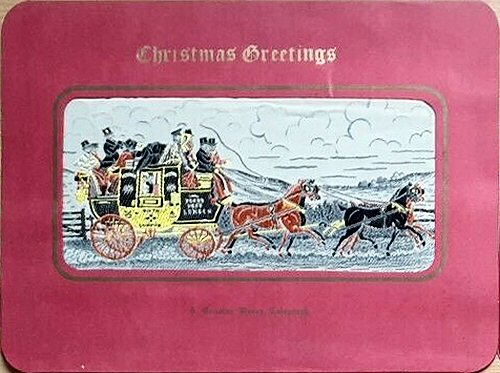 woven Christmas card of a yellow coach and four