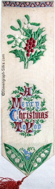 Bookmark with image of holly & mistletoe, with title words only