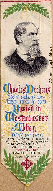 Bookmark with portrait of Charles Dickens and words