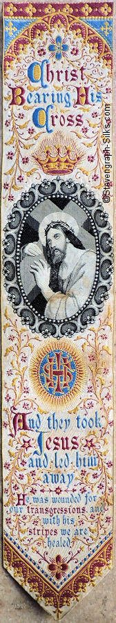 Bookmark with title words, image of Christ holding the cross, and more words