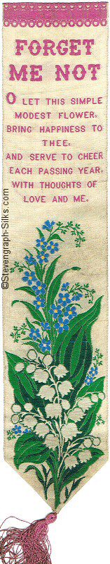 Bookmark with title words, words of a verse and image of Forget-me-Nots, with Lily of the Valley flowers