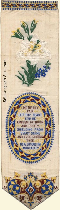 same bookmark, with words and pattern in different coloured silk