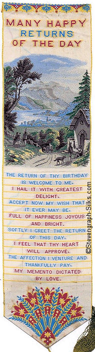 Bookmark with title words, rural country scene of hills, cottage and people, and words of verse