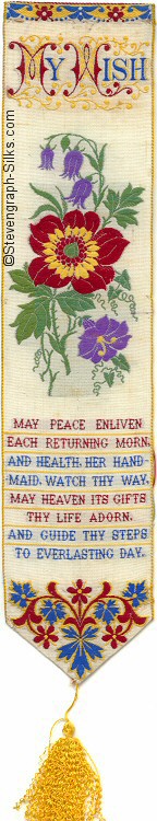 Bookmark with title words, central motif of flowers and verse
