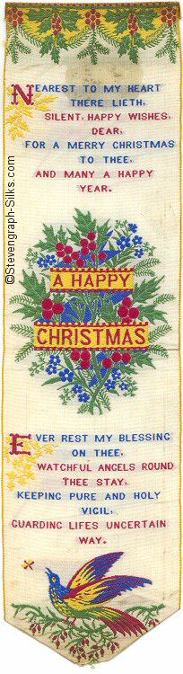 Bookmark with title words at top, and main A Happy Christmas within image of holly, berries and blue flowers