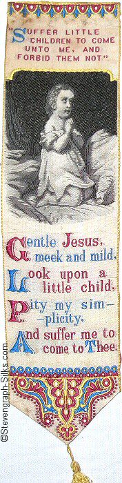 Bookmark with words, image of little girl kneeling in prayer, and main words