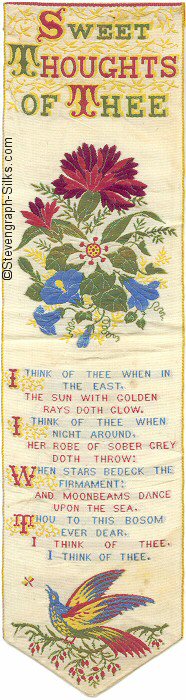 Bookmark with title words, central motif of flowers and verse