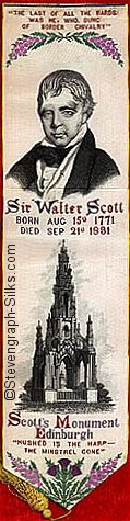 Bookmark with title words, portrait of Scott, with his name, and image of his Memorial in Edinburgh