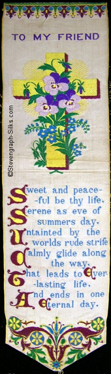 Bookmark with title words, image of a cross covered with flowers, and words of verse