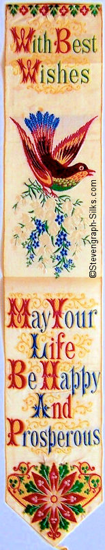 Bookmark with title words, image of a bird holding flowers and words of a verse