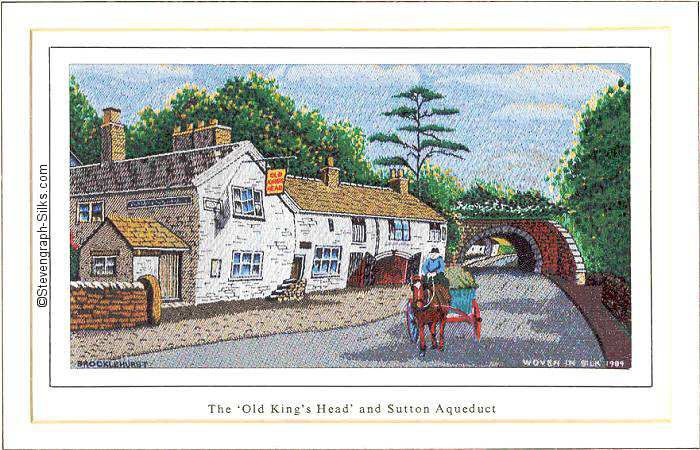 Image of farmer riding past The Old King's Head Inn, with the Sutton Aqueduct in the background