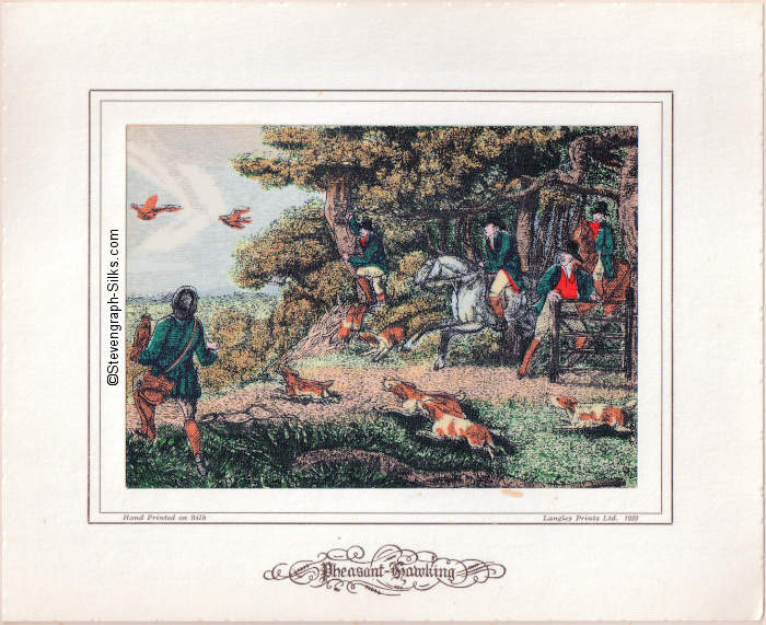 printed view of hunters, both on horseback and foot, with dogs chasing pheasants