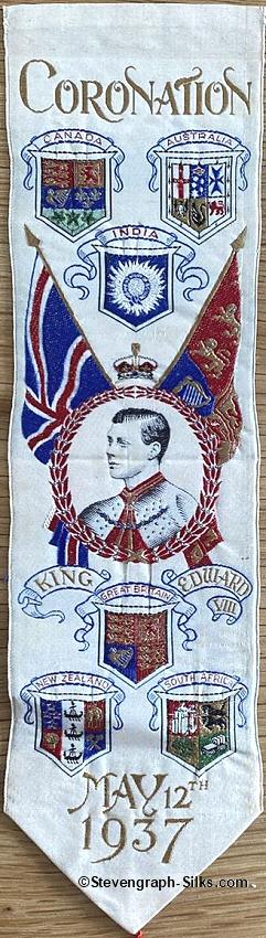Ornate bookmark of flags and portrait of King Edward VIII, with all woven words in gold silk