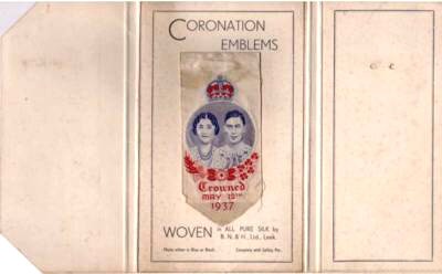 card mount in which this bookmark would have been sold to the public. Note the card has the title " Coronation ", whilst the bookmark has Crowned.  Also note this bookmark has a pin on the reverse, so it could be worn as a favour