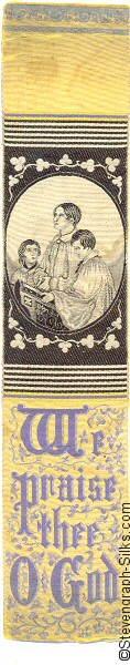 Woven black and white silk bookmark with image of three choir boys, and title words