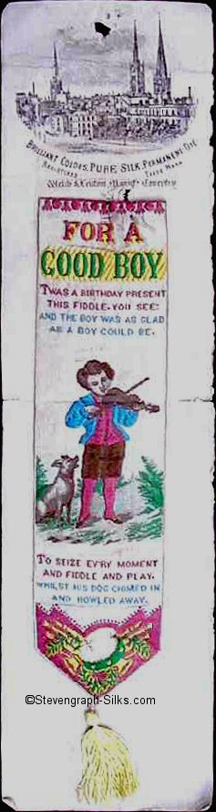 Bookmark with words and image of little boy, playing a voilin, and watched by a small dog