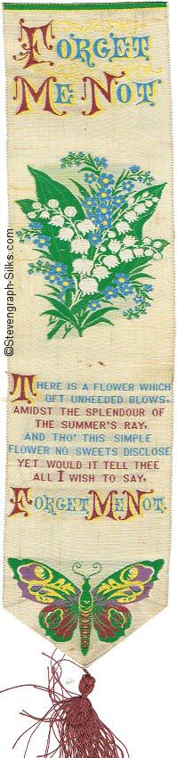 Bookmark with title words, image of forget-me-not flowers, and words of verse