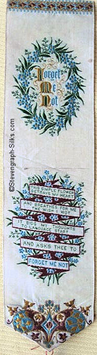 Bookmark with title words in a wreath of forget-me-not flowers, and words of verse on a ribbon in another wreath