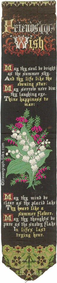 Bookmark with title words, words of verse and image of lily of the valley and other flowers