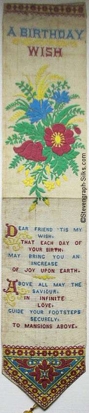 Silk bookmark with title words, flowers and two verses