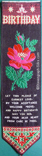 Bookmark with title words, image of rose and bud, and additional words of verse