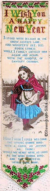Bookmark with title words, words of verse and image of girl feeding a robin