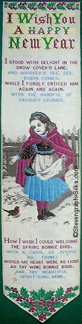 Bookmark with title words, words of verse and image of girl feeding a robin