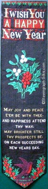Bookmark with title words, image of holly with red berries and mistletoe with white berries; words of verse and image of robin