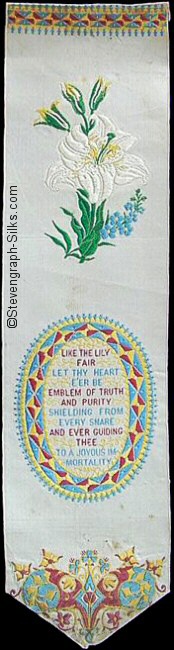 Bookmark with large image of lily, and oval with words of a verse