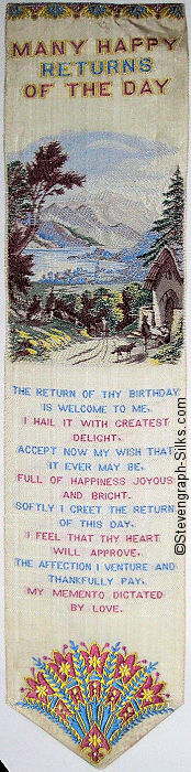 Bookmark with title words, rural country scene of hills, cottage and people, and words of verse