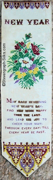 Silk bookmark with title words, image of flowers and words of verse