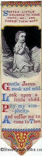 Bookmark with title words, image of child kneeling in pray, and words of short verse