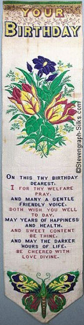 Bookmark with title words, large of mixed flowers and words of a verse
