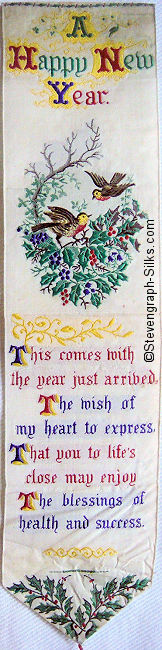 bookmark with words and image of two robins on a branch with holly leaves
