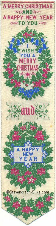 Silk bookmark with title words, and various words inside two wreaths of flowers