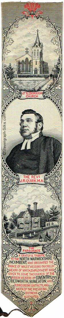 Silk bookmark with image of the Church, portrait of the Reverend, and image of the Parsonage