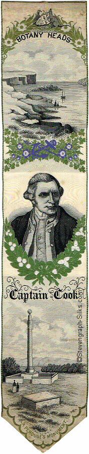 Colourful bookmark with title words above view of the bay, and portrait of Captain Cook)