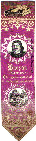 Purple bookmark with portrait of John Bunyan and also image of his birthplace