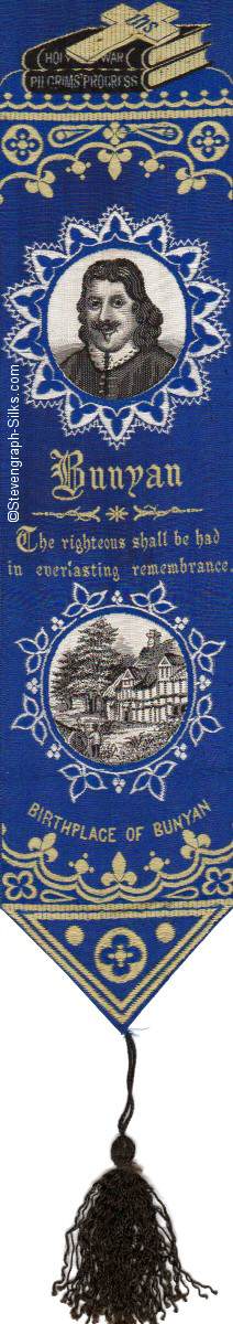 Deep blue bookmark with portrait of John Bunyan and also image of his birthplace