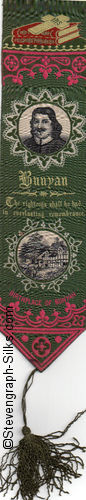 Green background with red writing, bookmark with portrait of John Bunyan and also image of his birthplace